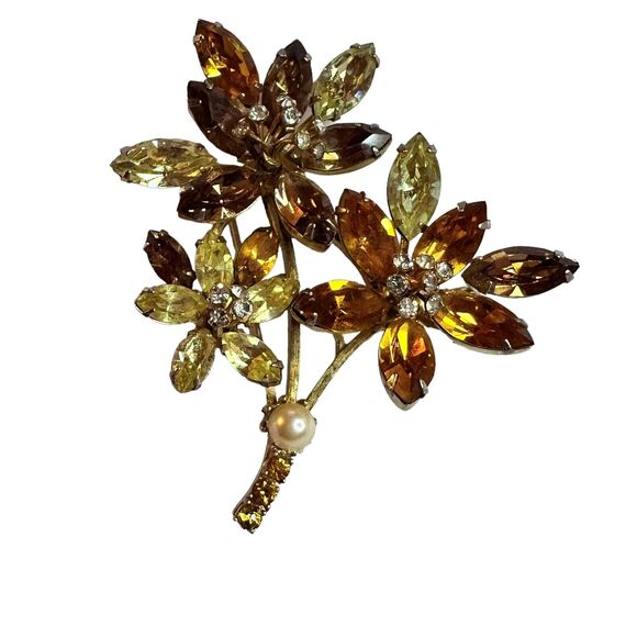 Vintage Vendome Brooch Flower Gold Tone Topaz Color Rhinestones Flower Pin 3 In - Picture 4 of 16